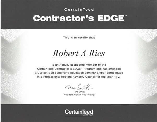 CertainTeed Contractors Edge Certification - Robert A Ries