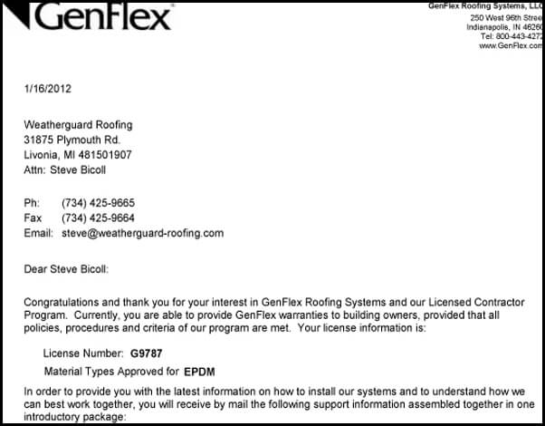 Genflex EPDM Warranty Licensed Contractor