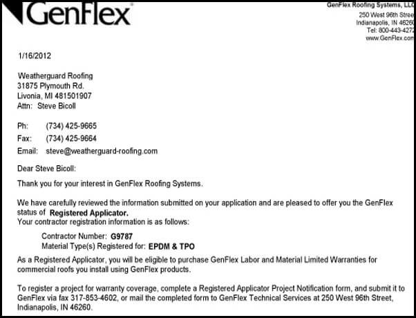Genflex Roofing Systems Registered Applicator - EPDM & TPO