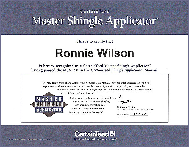 Certainteed Master Shingle Applicator Certification - Ronnie Wilson