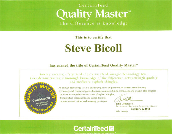 CertainTeed Quality Master Certification - Steve Bicoll