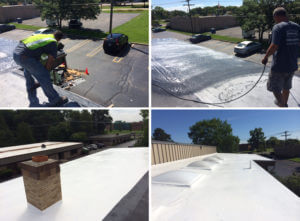 four pictures of workers repairing flat roof system