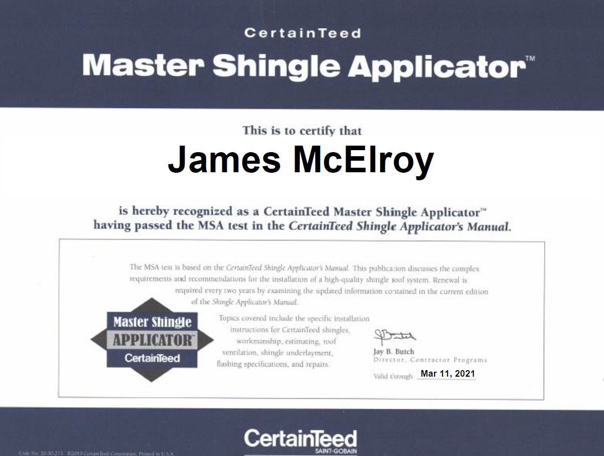 Certainteed Master Shingle Applicator Certification - James McElroy