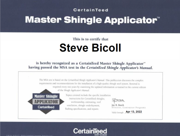 Certainteed Master Shingle Applicator Certification - Steve Bicoll